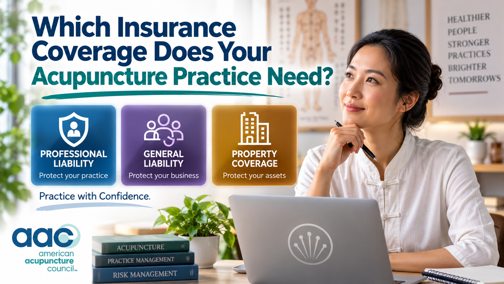 Acupuncturist reviewing professional liability, general liability, and property insurance options
