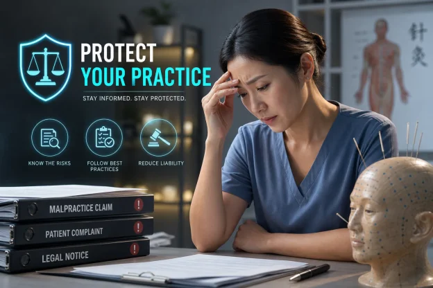 Acupuncturist reviewing patient records and malpractice risk management