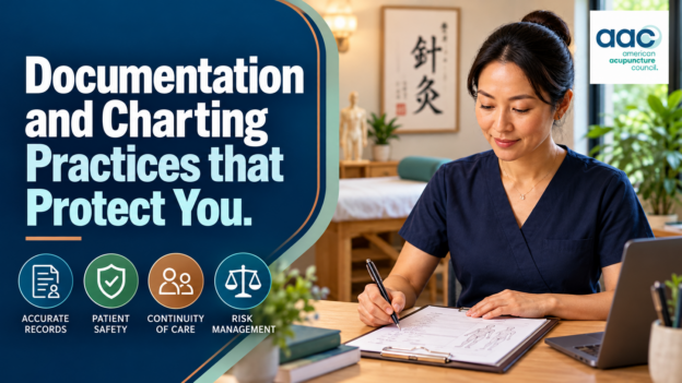 Acupuncturist documenting patient treatment notes on a clinical chart in a treatment room