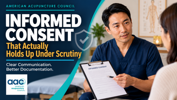 Acupuncturist discussing an informed consent document in a clinical setting