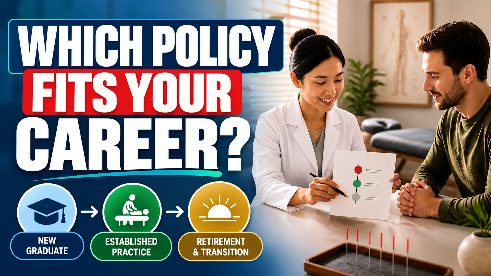 Acupuncturist discussing malpractice insurance policy options with a patient during a career-stage consultation